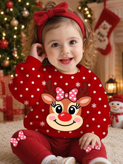 Merry Christmas, Baby Girl Casual Minimalist Cute Adorable Cartoon Christmas Reindeer Pattern, Mini Polka Dot Snowflake, Christmas Red, Festive, Fleece Lined Comfortable Thick Loose Crew Neck Pullover Sweatshirt Suitable For Autumn/Winter Christmas Outfits, Cute