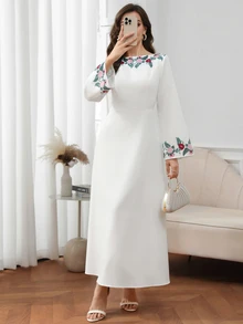 Al Najma 【印花設計】女款優雅花卉印花圓領露背阿拉伯風洋裝 - 白色 - 查看 4