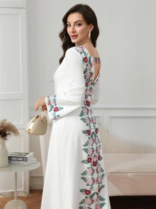 Al Najma 【印花設計】女款優雅花卉印花圓領露背阿拉伯風洋裝 - 白色 - 查看 6
