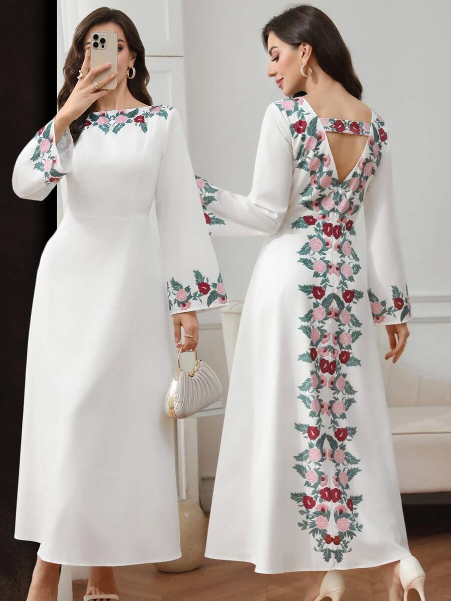 Al Najma 【印花設計】女款優雅花卉印花圓領露背阿拉伯風洋裝