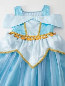 SHEIN Glamorique Kids 幼女公主風淺藍色金邊亮面多層薄紗無袖方領輕盈芭蕾舞裙洋裝，適合生日派對、夏季度假 - 藍色 - 查看 8