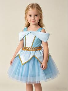 SHEIN Glamorique Kids 幼女公主風淺藍色金邊亮面多層薄紗無袖方領輕盈芭蕾舞裙洋裝，適合生日派對、夏季度假 - 藍色 - 查看 9