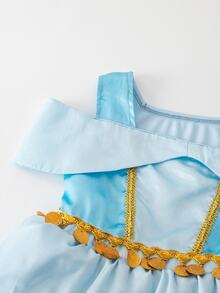 SHEIN Glamorique Kids 幼女公主風淺藍色金邊亮面多層薄紗無袖方領輕盈芭蕾舞裙洋裝，適合生日派對、夏季度假 - 藍色 - 查看 7