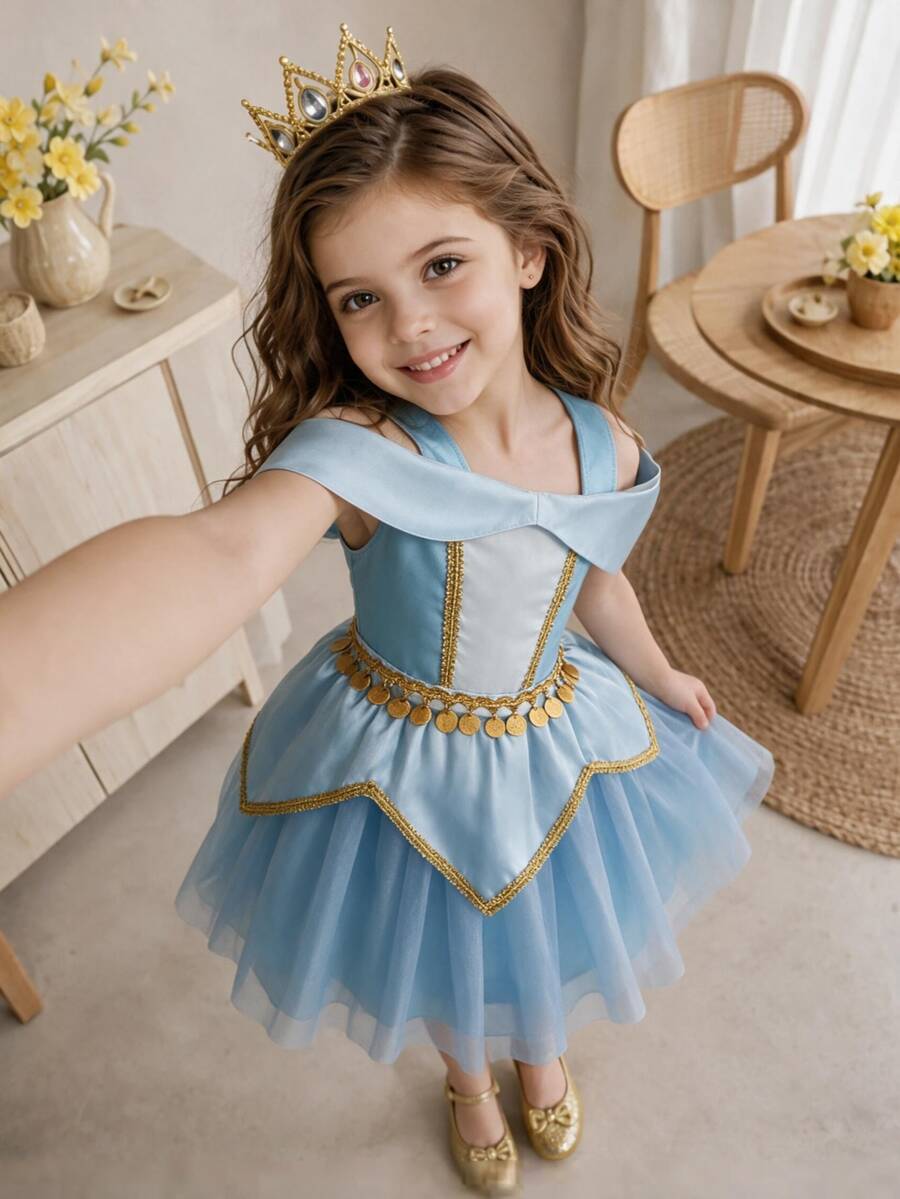 SHEIN Glamorique Kids 幼女公主風淺藍色金邊亮面多層薄紗無袖方領輕盈芭蕾舞裙洋裝,適合生日派對、夏季度假 - 藍色 - 查看 1