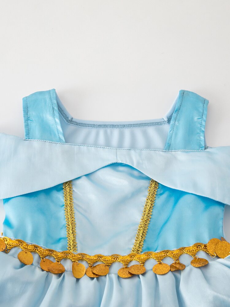 SHEIN Glamorique Kids فستان توتو أنيق للبنات الصغيرات بتصميم أميرة باللون الأزرق الفاتح مع حواف ذهبية من التول بطبقات بدون أكمام بياقة مربعة خفيف الوزن لحفلات أعياد الميلاد والعطلات الصيفية لامع - الأزرق - مشاهدة 5