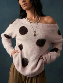 Bohemela 女款單肩拼色粉色與棕色波點圖案長袖休閒復古浪漫毛衣，適合早午餐與秋季穿搭 - 粉色 - 查看 1