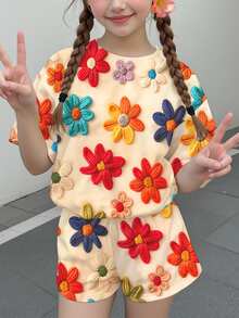 [Printed Design] 2pcs Tween Girls Casual Floral Print Short Sleeve T-Shirt And Shorts Set, Suitable For Summer - Multicolor - View 6