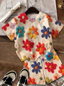 [Printed Design] 2pcs Tween Girls Casual Floral Print Short Sleeve T-Shirt And Shorts Set, Suitable For Summer - Multicolor - View 7