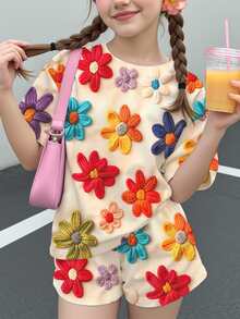 [Printed Design] 2pcs Tween Girls Casual Floral Print Short Sleeve T-Shirt And Shorts Set, Suitable For Summer - Multicolor - View 1
