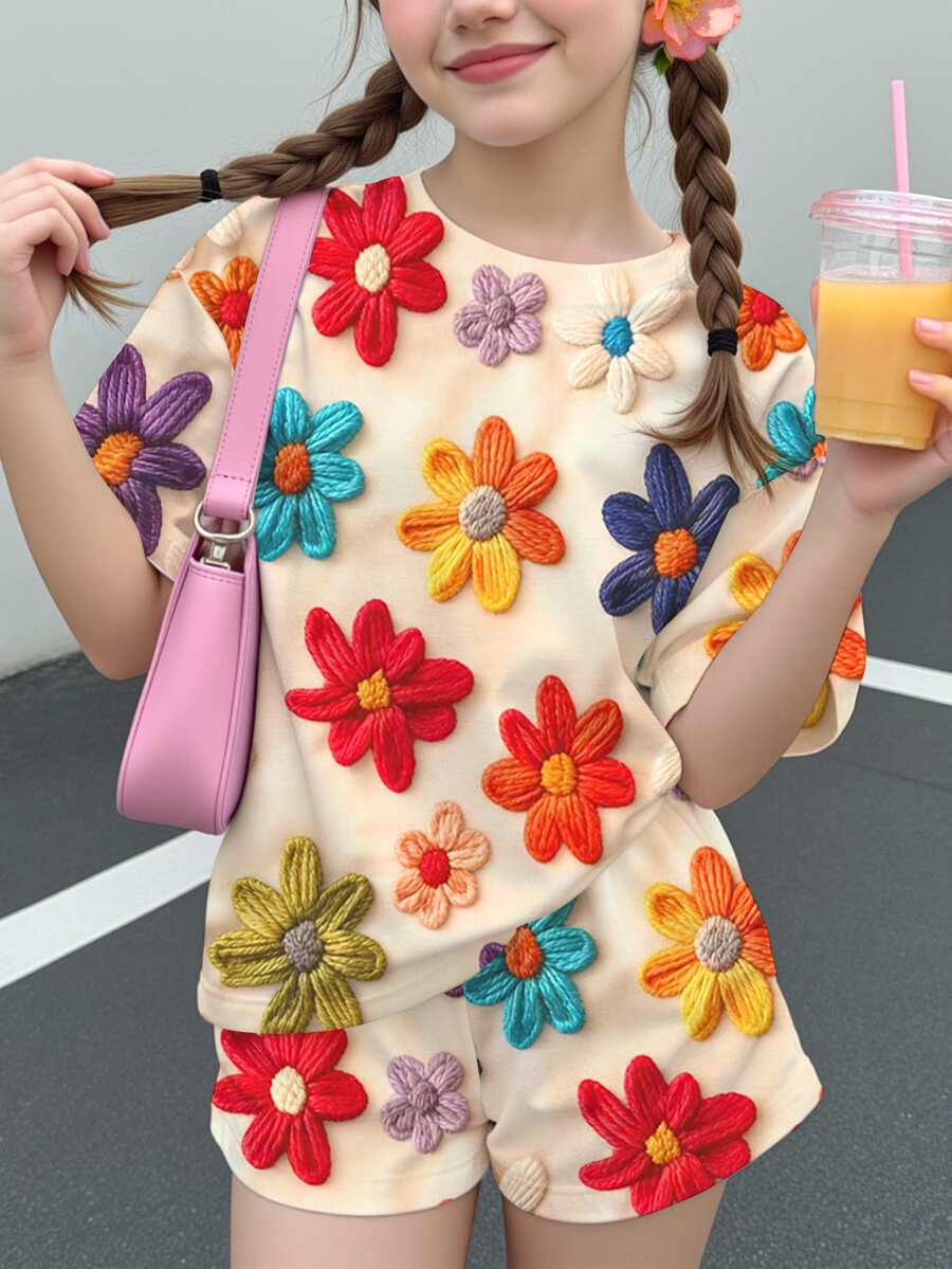 [Printed Design] 2pcs Tween Girls Casual Floral Print Short Sleeve T-Shirt And Shorts Set, Suitable For Summer - Multicolor - View 1