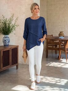 EMERY ROSE Women's Round Neck Asymmetrical Hem Rolled Cuff Blouse - Blue - View 7