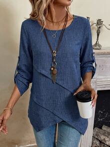 EMERY ROSE Women's Round Neck Asymmetrical Hem Rolled Cuff Blouse - Blue - View 8