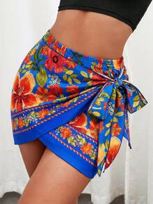 SHEIN SXY [Printed Design] Plus Size Women's Floral Print Side Tie Waist Skirt For Vacation - Multicolor - View 2