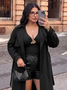 SHEIN BAE CURVE 大尺碼女款黑色鈕扣翻領長袖風衣 秋季 正式晚宴 優雅商務休閒 - 黑色 - 查看 10