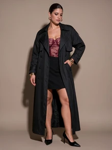 SHEIN BAE CURVE 大尺碼女款黑色鈕扣翻領長袖風衣 秋季 正式晚宴 優雅商務休閒 - 黑色 - 查看 9