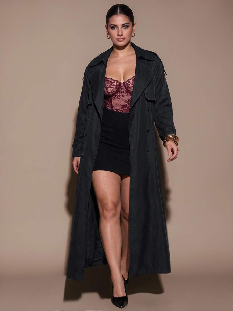 SHEIN BAE CURVE 大尺碼女款黑色鈕扣翻領長袖風衣 秋季 正式晚宴 優雅商務休閒