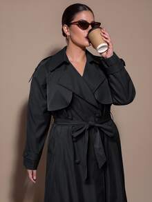 SHEIN BAE CURVE 大尺碼女款黑色鈕扣翻領長袖風衣 秋季 正式晚宴 優雅商務休閒 - 黑色 - 查看 5