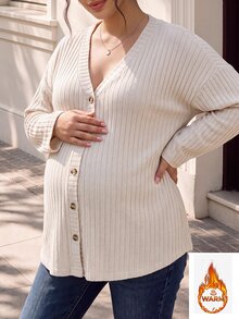 SHEIN Atasan Kaos Hamil Ukuran Besar Nyaman untuk di Rumah, Minimalis, Bahu Jatuh, Lengan Panjang, Leher V, Kancing Depan, Potongan Longgar, Rajut Bergaris Aprikot - Krem - View 2