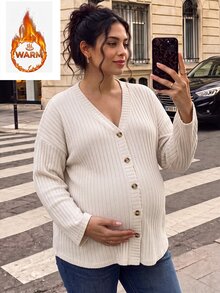 SHEIN Atasan Kaos Hamil Ukuran Besar Nyaman untuk di Rumah, Minimalis, Bahu Jatuh, Lengan Panjang, Leher V, Kancing Depan, Potongan Longgar, Rajut Bergaris Aprikot - Krem - View 1