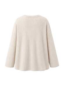 SHEIN Atasan Kaos Hamil Ukuran Besar Nyaman untuk di Rumah, Minimalis, Bahu Jatuh, Lengan Panjang, Leher V, Kancing Depan, Potongan Longgar, Rajut Bergaris Aprikot - Krem - View 4