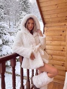 Sweetina 女式纯色长袖优雅连帽伞形下摆仿皮草夹克，冬季 - 白色 - 查看 1