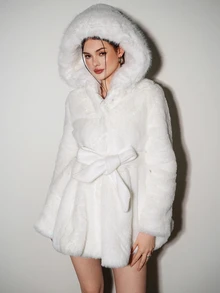 Sweetina 女式纯色长袖优雅连帽伞形下摆仿皮草夹克，冬季 - 白色 - 查看 9