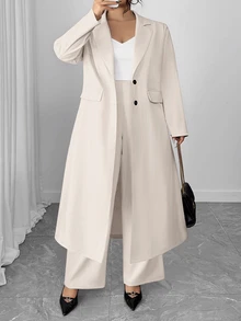 SHEIN CURVE+ Plus Size Women's Business Minimalist Long Coat And Straight Leg Pants With Pockets Suit 2pcs Set - Apricot - View 5