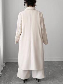 SHEIN CURVE+ Plus Size Women's Business Minimalist Long Coat And Straight Leg Pants With Pockets Suit 2pcs Set - Apricot - View 2