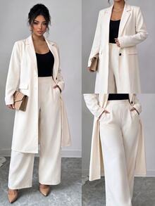 SHEIN CURVE+ Plus Size Women's Business Minimalist Long Coat And Straight Leg Pants With Pockets Suit 2pcs Set - Apricot - View 6