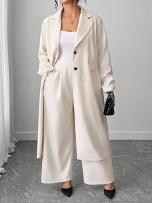 SHEIN CURVE+ Plus Size Women's Business Minimalist Long Coat And Straight Leg Pants With Pockets Suit 2pcs Set - Apricot - View 3
