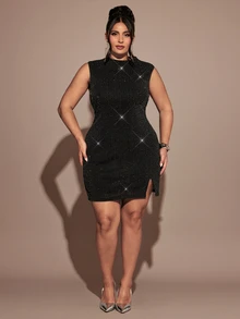 SHEIN BAE CURVE Plus Size Women's Solid Color Fashion Date Party Dress - Black - View 4
