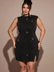 SHEIN BAE CURVE Plus Size Women's Solid Color Fashion Date Party Dress - Black - View 6