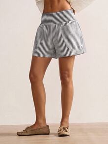 Bohemela Women's Striped Pocket Design Loose Casual Shorts - Black and White - View 8