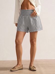 Bohemela Women's Striped Pocket Design Loose Casual Shorts - Black and White - View 7
