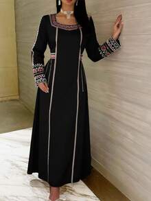 Al Najma [Printed Design] Women's Turkish & Arabian Traditional Long Tunic Dress With Printed Square Neckline - Black - View 8