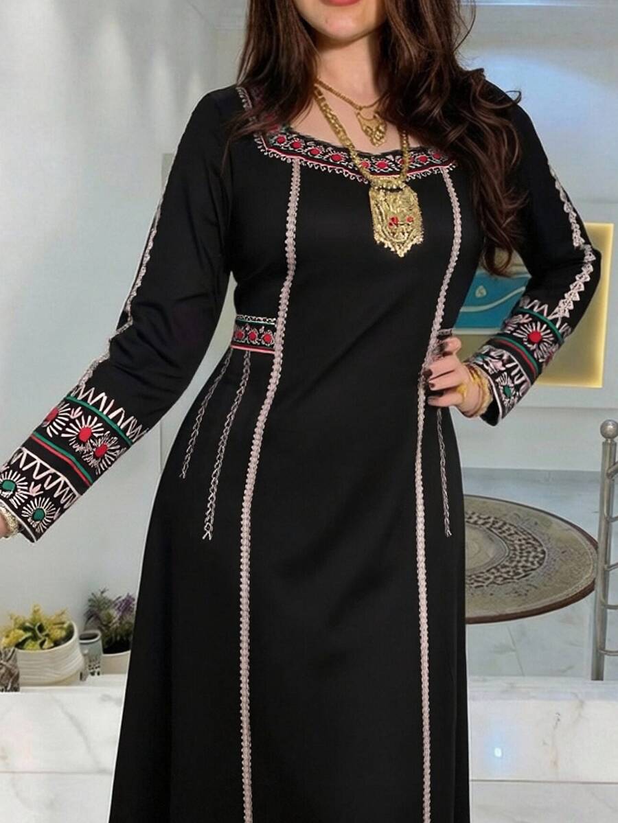 Al Najma [Printed Design] Women's Turkish & Arabian Traditional Long Tunic Dress With Printed Square Neckline