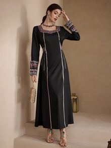 Al Najma [Printed Design] Women's Turkish & Arabian Traditional Long Tunic Dress With Printed Square Neckline - Black - View 6