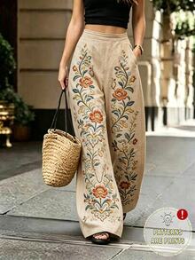 Balvessa [Printed Design] Women's Floral Pattern Pocket Wide Leg Loose Casual Pants For Vacation - Multicolor - View 1
