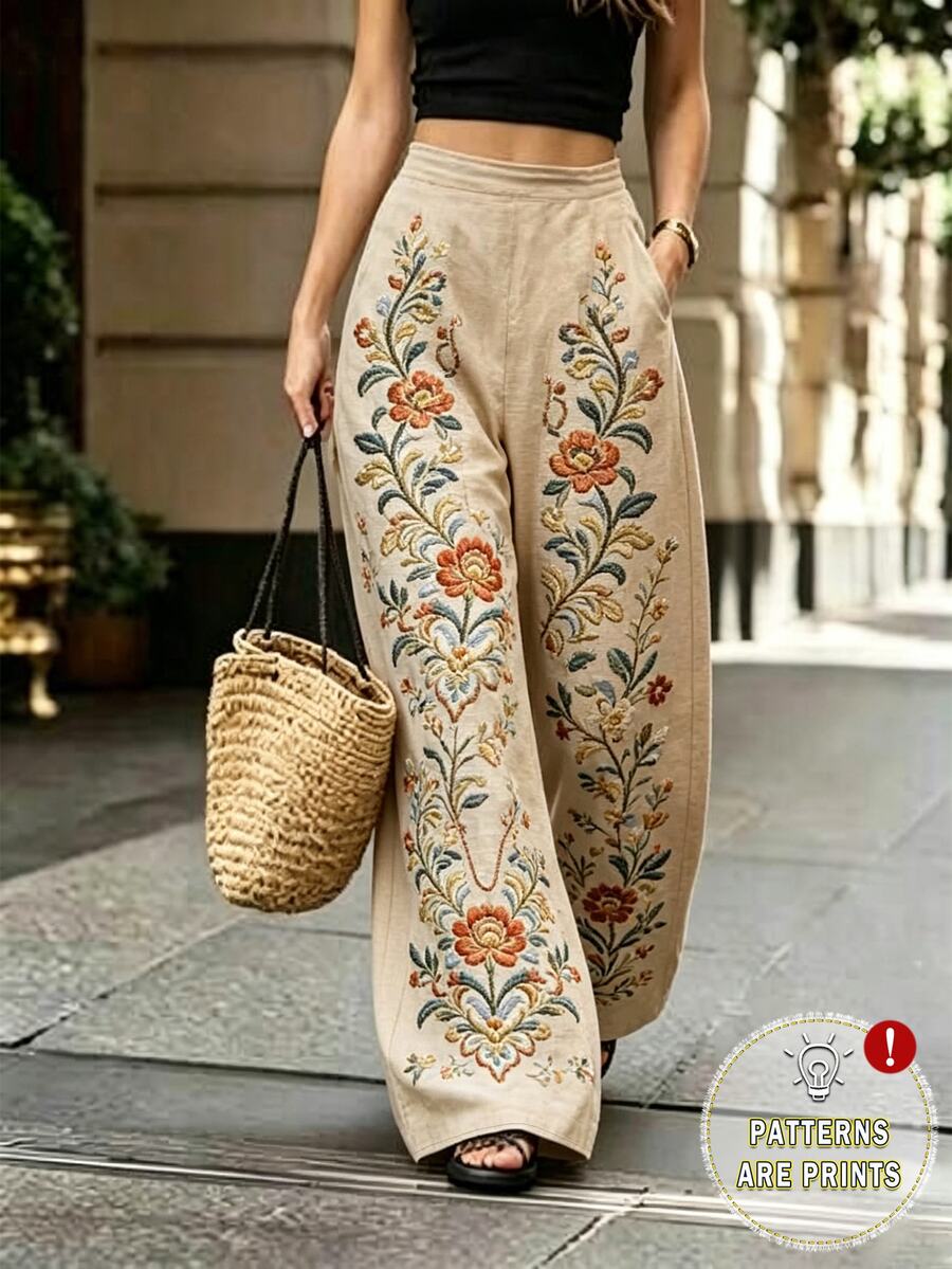 Balvessa [Printed Design] Women's Floral Pattern Pocket Wide Leg Loose Casual Pants For Vacation - Multicolor - View 1