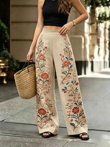 Balvessa [Printed Design] Women's Floral Pattern Pocket Wide Leg Loose Casual Pants For Vacation - Multicolor - View 4
