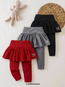 SHEIN Baby Girl Knitted Solid Color Heart Pattern Casual Bottoms 2pcs Pieces Set,2 Random Pieces - Multicolor - View 1