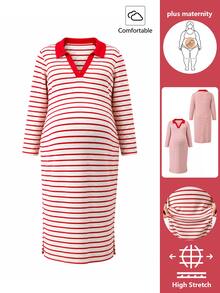 GentleRue Maternity Gaun Hamil Ukuran Besar Bergaris Merah Kerah V Lengan Panjang, Musim Gugur/Dingin - Red and White - View 4
