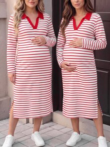 GentleRue Maternity Gaun Hamil Ukuran Besar Bergaris Merah Kerah V Lengan Panjang, Musim Gugur/Dingin - Red and White - View 2