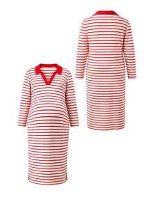 GentleRue Maternity Gaun Hamil Ukuran Besar Bergaris Merah Kerah V Lengan Panjang, Musim Gugur/Dingin - Red and White - View 6