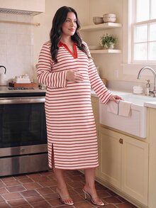 GentleRue Maternity Gaun Hamil Ukuran Besar Bergaris Merah Kerah V Lengan Panjang, Musim Gugur/Dingin - Red and White - View 3