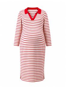 GentleRue Maternity Gaun Hamil Ukuran Besar Bergaris Merah Kerah V Lengan Panjang, Musim Gugur/Dingin - Red and White - View 7