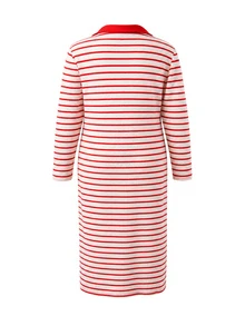 GentleRue Maternity Gaun Hamil Ukuran Besar Bergaris Merah Kerah V Lengan Panjang, Musim Gugur/Dingin - Red and White - View 5