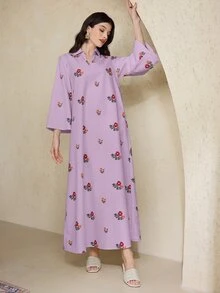 Al Najma [印花設計] 女款土耳其長版阿拉伯傳統長袍洋裝 Kaftan Jalabiya - 紫色 - 查看 3