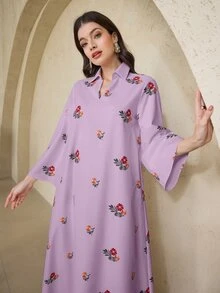 Al Najma [印花設計] 女款土耳其長版阿拉伯傳統長袍洋裝 Kaftan Jalabiya - 紫色 - 查看 4