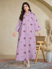 Al Najma [印花設計] 女款土耳其長版阿拉伯傳統長袍洋裝 Kaftan Jalabiya - 紫色 - 查看 6